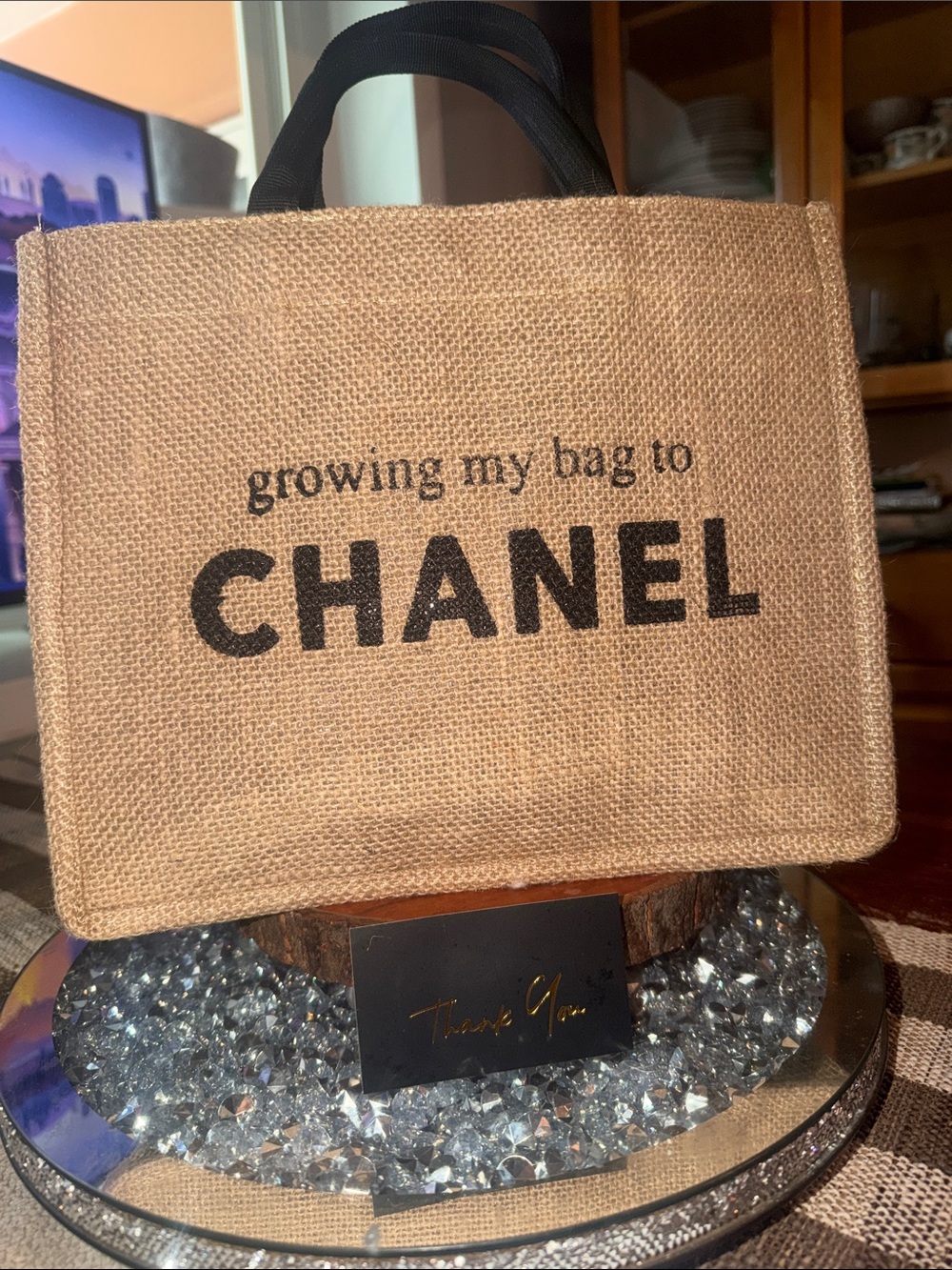 Jute Tote in Natural with Black Logo and Handles nwot